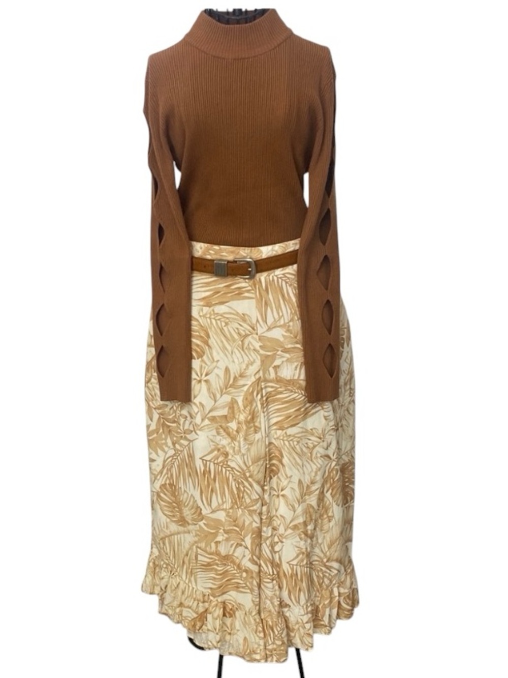 Brown and Cream Patterned Women's Palazzo Size L